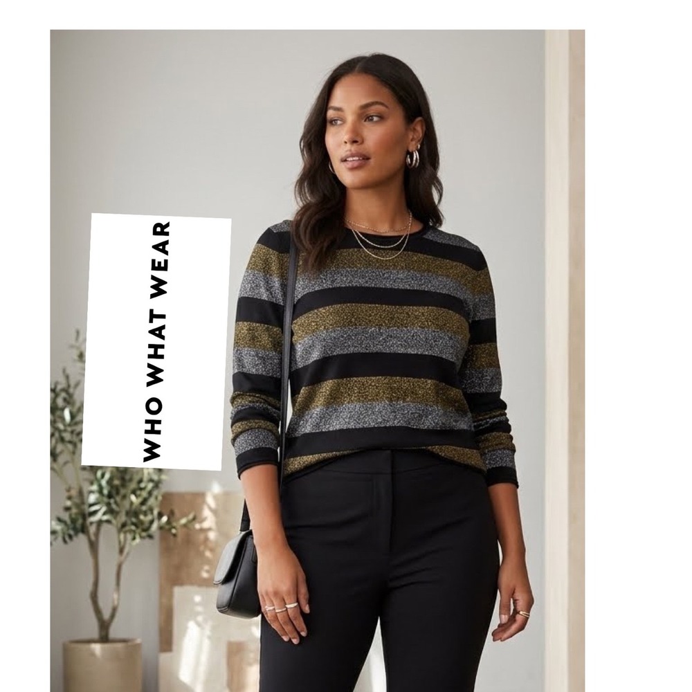 Who What Wear Womens Metallic Striped Knit Top Gold Silver Black Crewneck M